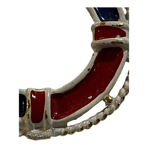 Vtg Nautical Life Preserver Beach Brooch Red White Blue Gold Tone Enamel Pin - Picture 9 of 11